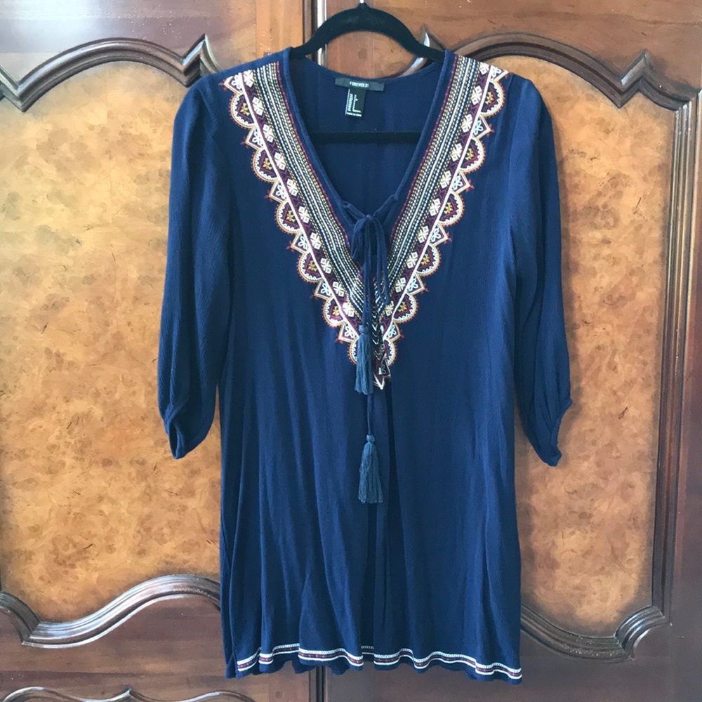 Blue Boho Tunic Dress with Embroidery - Picture 2 of 8